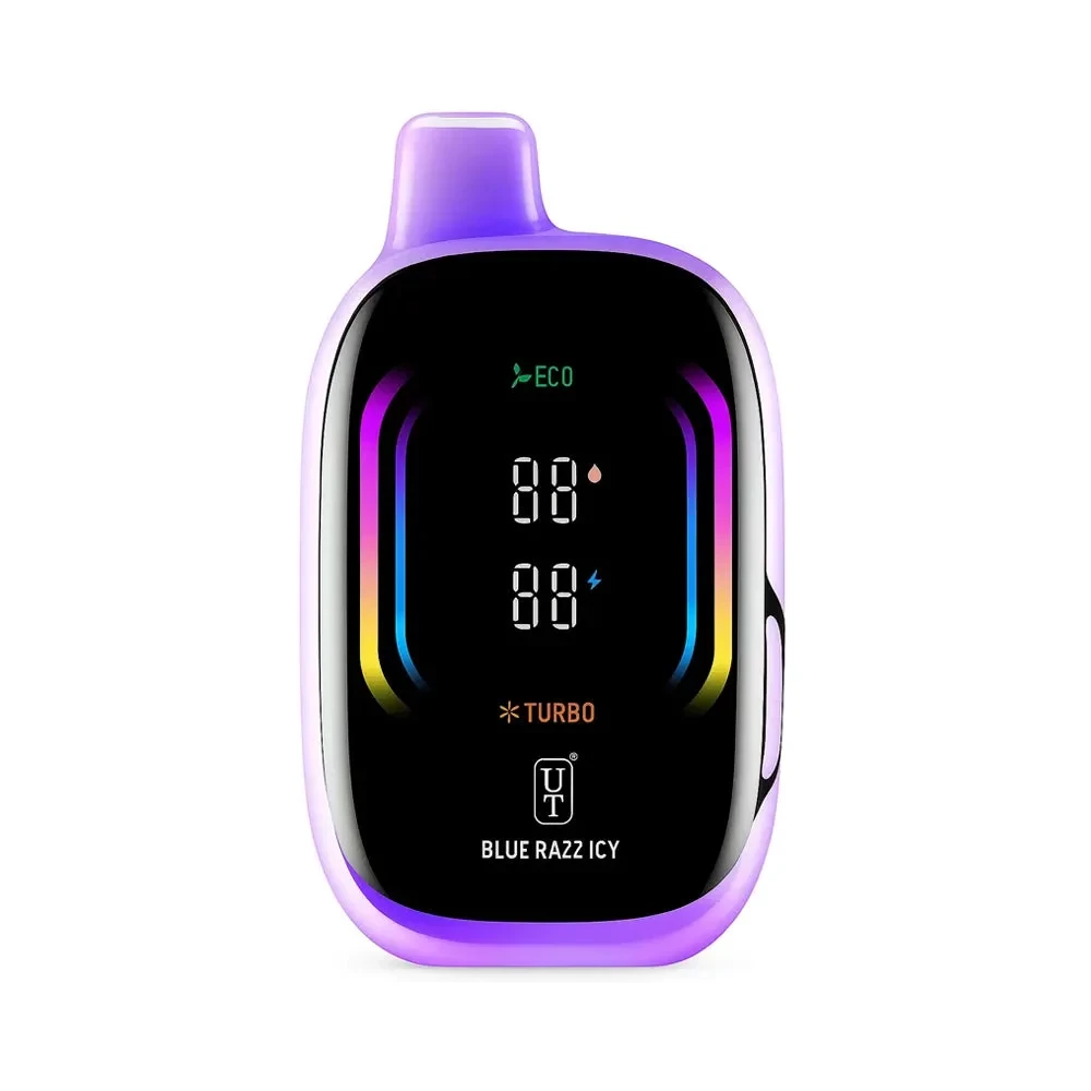 A person holding a rainbow rain vape device with a gauge showing puff count and battery level
